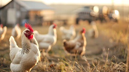 Fototapeta premium Serene farm scene with chickens roaming freely during golden hour. Rustic rural landscape with poultry, exemplifying sustainable farming. AI