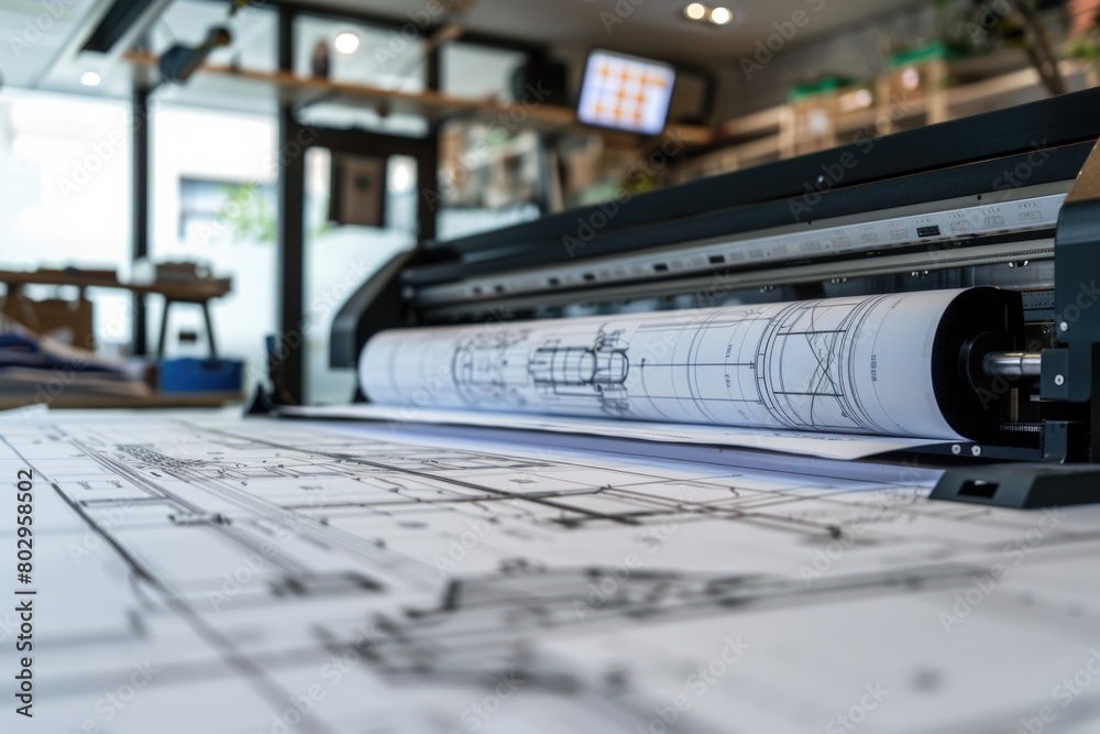 Aufkleber Large plotter machine on top of blueprint, suitable for technical and engineering projects