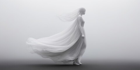 A ghostly figure standing on white fog background