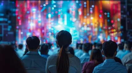Digital conference scene with a diverse audience engaged in a discussion about innovation, highlighted through interactive displays