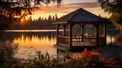 Fototapeta premium A serene gazebo on a lake shore at sunset, reflecting the colorful sky on the calm water