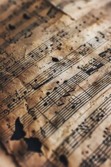 Vintage music paper on wooden table, perfect for music-themed designs