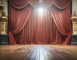stage with red curtains, a luxurious red curtain draping majestically over an empty wood grain shiny polished stage background, 
