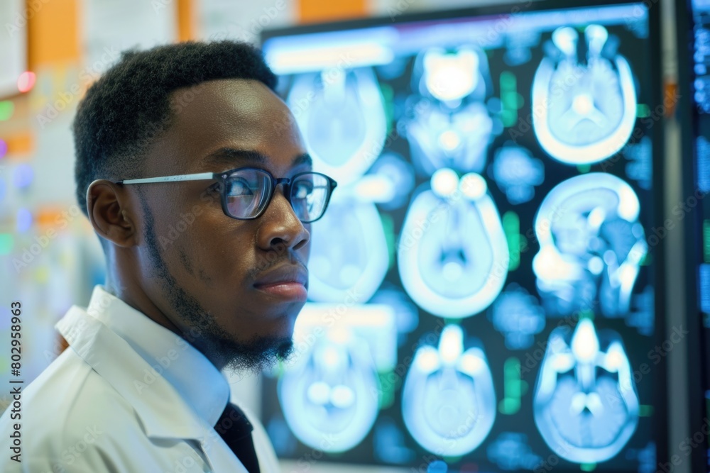 Poster A man in a lab coat examining information on a computer screen. Suitable for scientific research or technology concepts