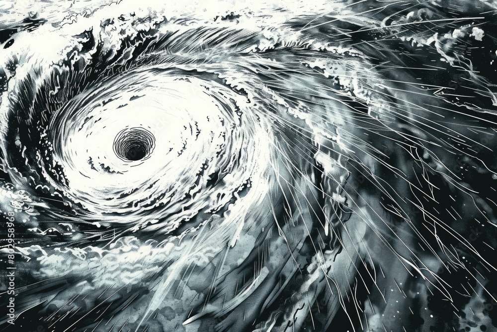 Poster a powerful hurricane captured in black and white. suitable for weather-related projects