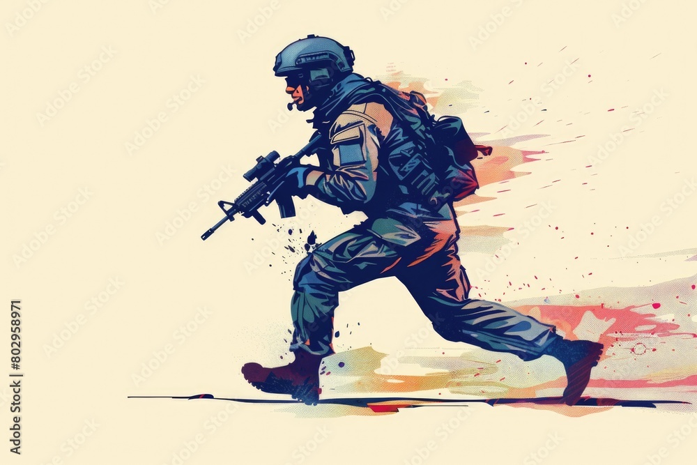 Poster a man in a military uniform holding a gun. suitable for military and security concepts