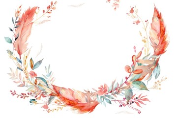 Obraz premium Colorful wreath of watercolor flowers and feathers. Perfect for invitations or greeting cards