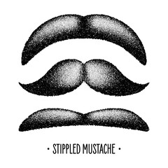 Stippled vintage mustache. Curly facial hair. Hipster beard. Stippling, dot drawing and shading, stipple pattern, halftone effect. Vector illustration