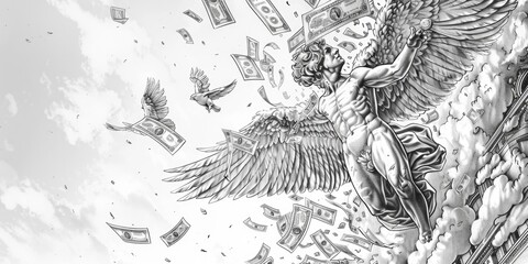 Black and white drawing of a winged statue surrounded by money. Suitable for financial and investment concepts