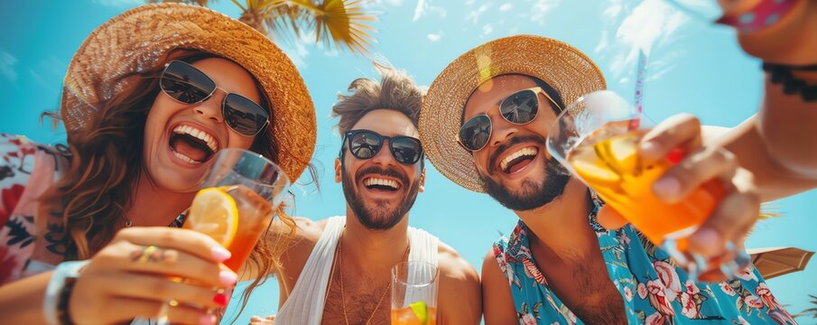 An image of group of young people partying on the beach in the sun with cocktails wearing hats and sunglasses, holiday vibes