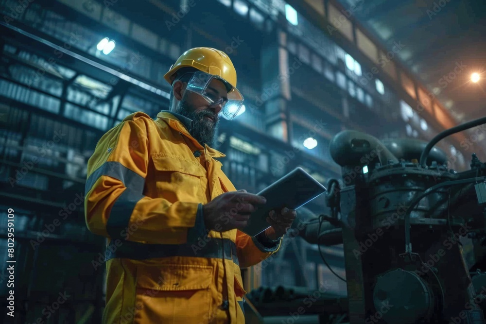 Poster a man in a yellow work suit looking at a tablet. suitable for technology concepts
