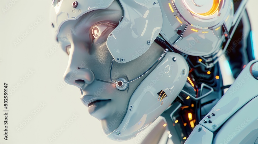 Poster close up of a robot's head with glowing eyes, suitable for technology concepts