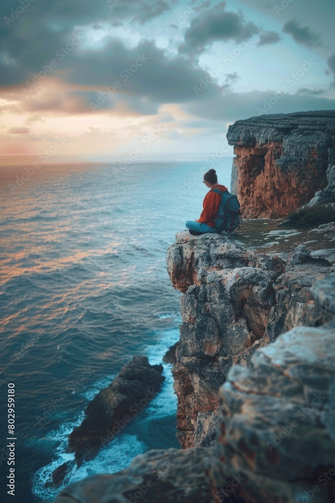 Poster a man sitting on the edge of a cliff overlooking the ocean. suitable for travel and adventure concep