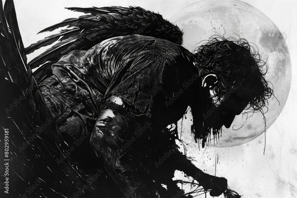 Poster A striking black and white image of a man with wings. Suitable for various creative projects