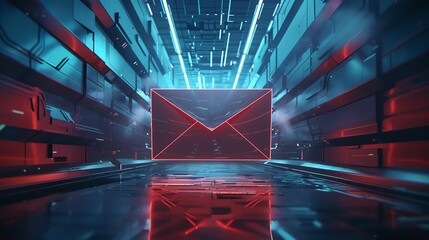 Futuristic electronic mail documentation concept with glowing blue neon envelope and paper document. 3D Illustration