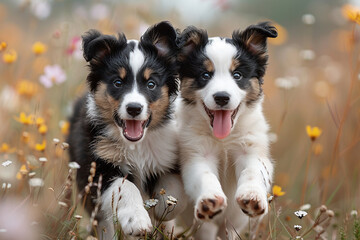 A pair of playful border collie puppies chasing each other through a field of tall grass, tongues lolling happily.