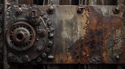 Detailed view of an industrial background with a mesh of weathered iron and old gears, highlighting the beauty found in the aged and mechanical