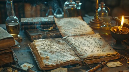 Detailed view of ancient alchemical texts and tools with a small furnace transforming substances into gold, emphasizing the blend of science and mysticism in alchemy
