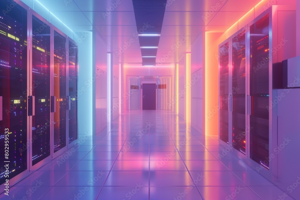 Poster A long hallway filled with rows of servers. Ideal for technology and data center concepts