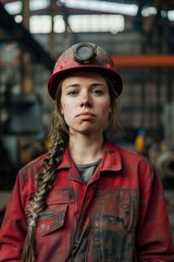A woman wearing a hard hat and red jacket. Suitable for construction industry concepts