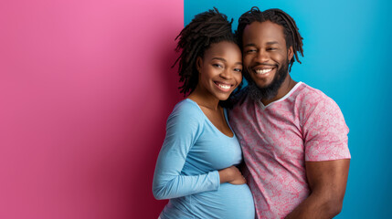 Naklejka premium Happy multiracial family. Black man hugging happy pregnant woman, loving couple with different ethnicities and skin color. Generative ai