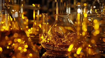 Close-up shot of a modern interpretation of alchemical gold transformation, featuring laboratory glassware where chemical reactions mimic the legendary conversions of alchemy