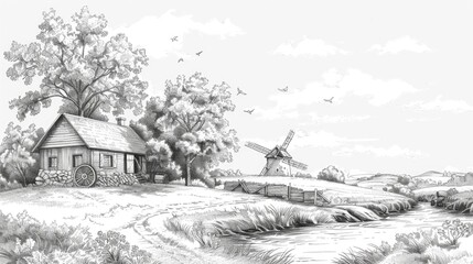 Detailed black and white drawing of a farm with a windmill. Suitable for agricultural concepts