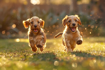 A pair of playful dachshund puppies chasing each other in a sunlit backyard.
