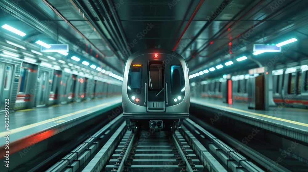 Poster a subway train traveling through a busy station. perfect for transportation concepts