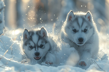 A pair of playful husky puppies chasing each other through a snowy forest, their breath creating wispy clouds in the cold air.