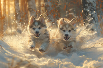 A pair of playful husky puppies chasing each other through a snowy forest, their breath creating wispy clouds in the cold air.