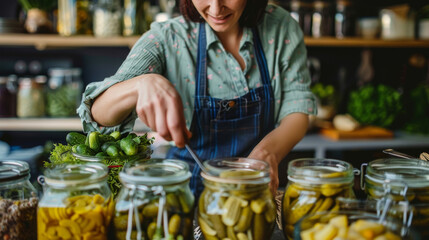 Farmer hands packing jars with variety of vegetables for fermentation, wooden table, handmade, artisanal process. Home preservation, canning for the winter. Generative ai