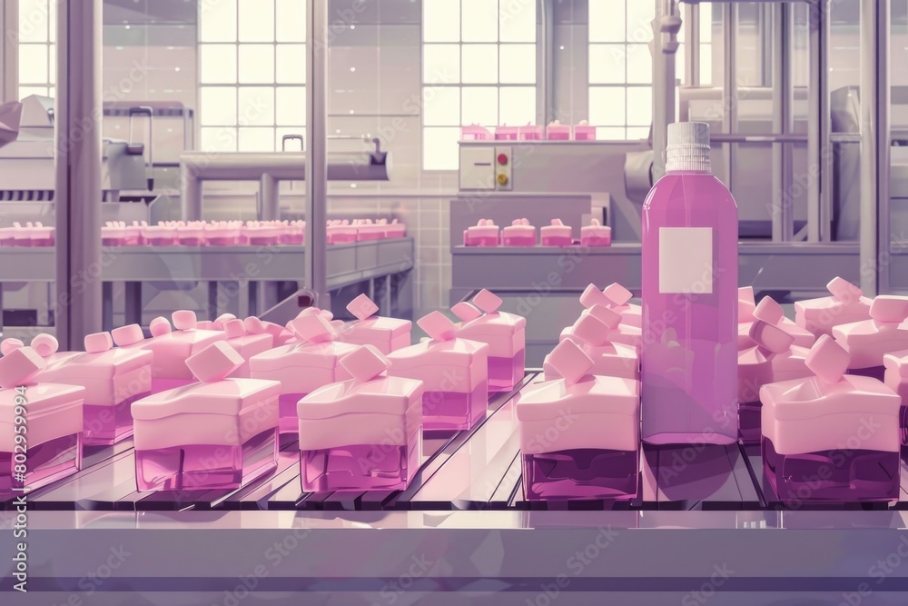 Poster image of a conveyor belt filled with pink boxes and bottles. suitable for manufacturing or packaging