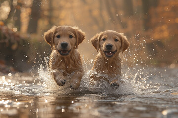A pair of playful Labrador puppies splashing in a shallow creek, water droplets sparkling in the sunlight.