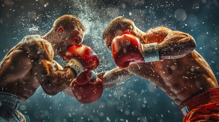 Intense Boxing Match Under Rain: Two Male Fighters Competing in Ring. Representing sport, competition, sport training, mental health, shadow boxing concept. Generative ai