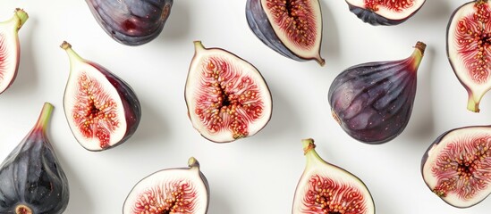 An artistic arrangement of whole and sliced figs on a white background, captured in a rectangular frame. Overhead view with space for text.
