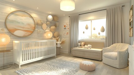 A nursery room with a white crib, a rocking chair, and a window