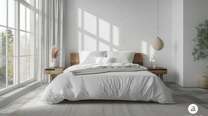 A white bedroom with a large bed and a window