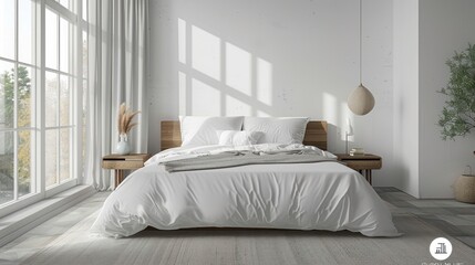 Obraz premium A white bedroom with a large bed and a window