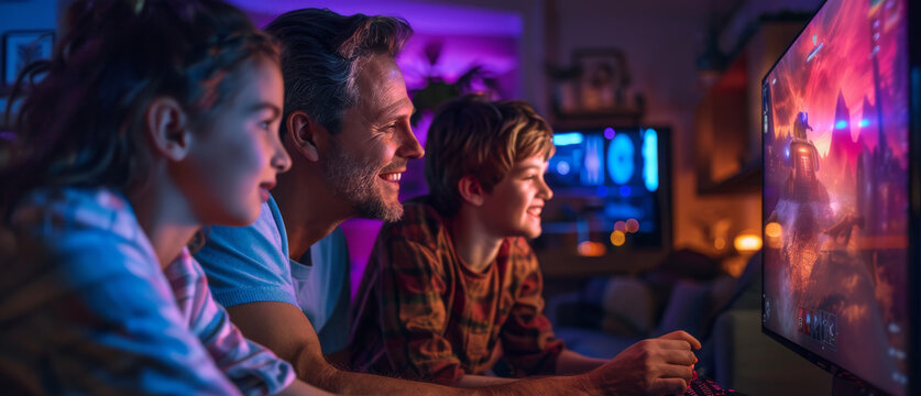 Happy family, father and children, playing a PC game together with gaming console, digital native, Gen Alpha. Generative ai