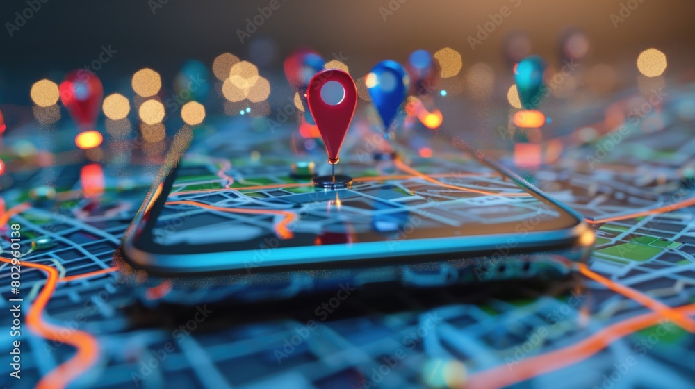 Poster a cell phone resting on a map, perfect for travel concepts