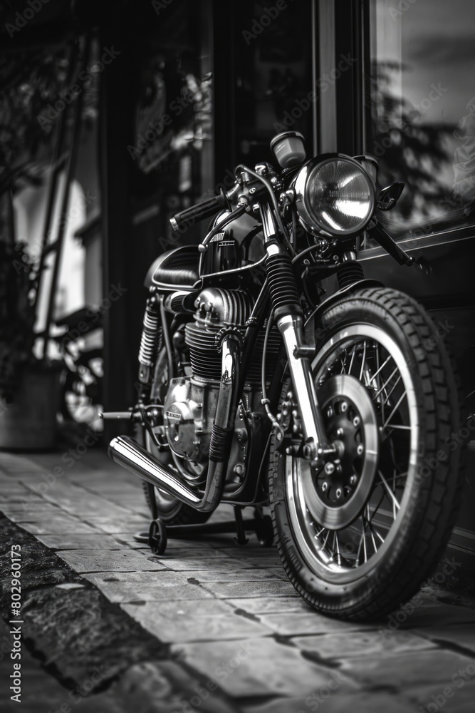 Poster classic black and white image of a motorcycle, suitable for various design projects