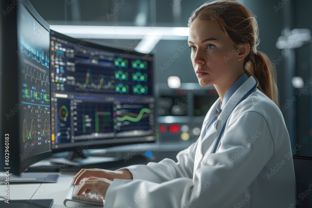 Aufkleber A woman in a lab coat using a computer. Suitable for science and technology concepts