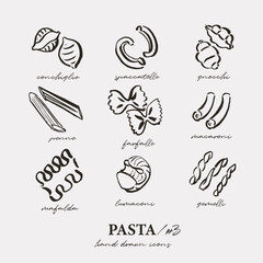 Different pasta types set, outline icons, simple loose drawings, sketchy style