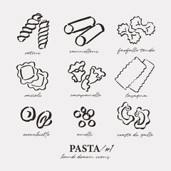 Different pasta types set, outline icons, simple loose drawings, sketchy style