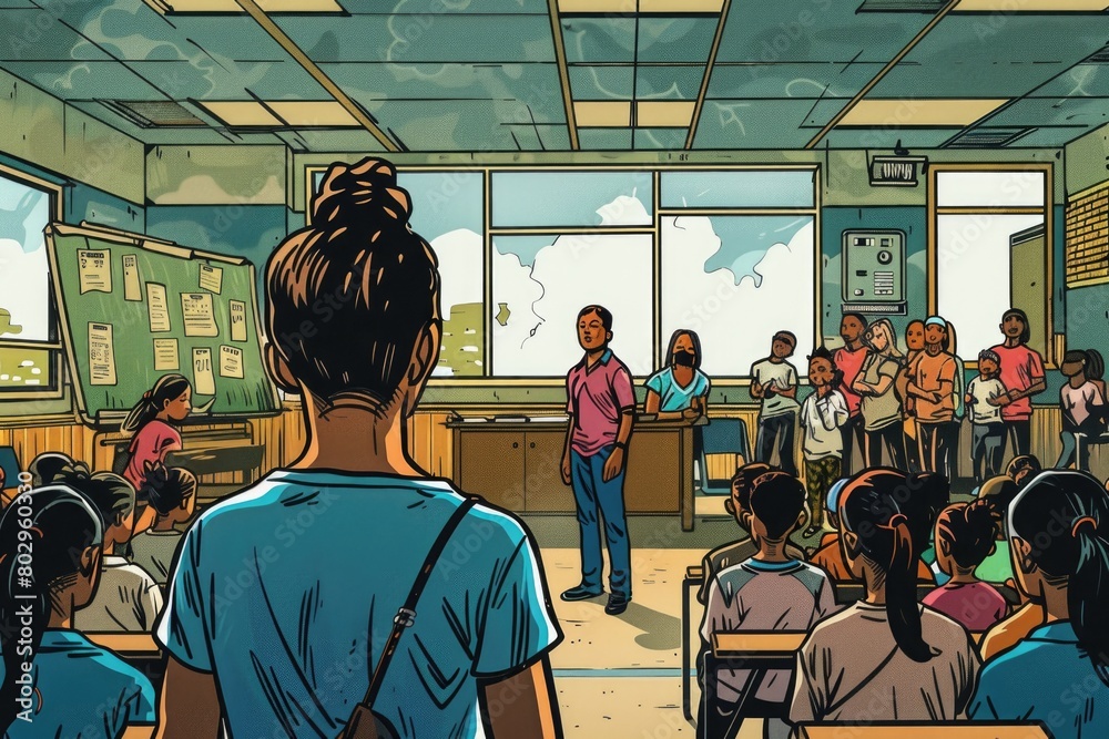 Poster group of people standing in front of a classroom. suitable for educational concepts