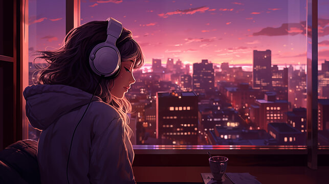 Anime girl headphones enjoys sunset cityscape from window 2D cartoon illustration. City evening calm lofi wallpaper background lo-fi art. Music listening flat image cozy chill vibe