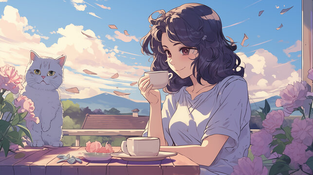 Fototapeta Anime girl enjoys tea time with cat on balcony 2D cartoon illustration. Morning ritual, quiet moment lofi wallpaper background lo-fi art. Floral surroundings flat image cozy chill vibe