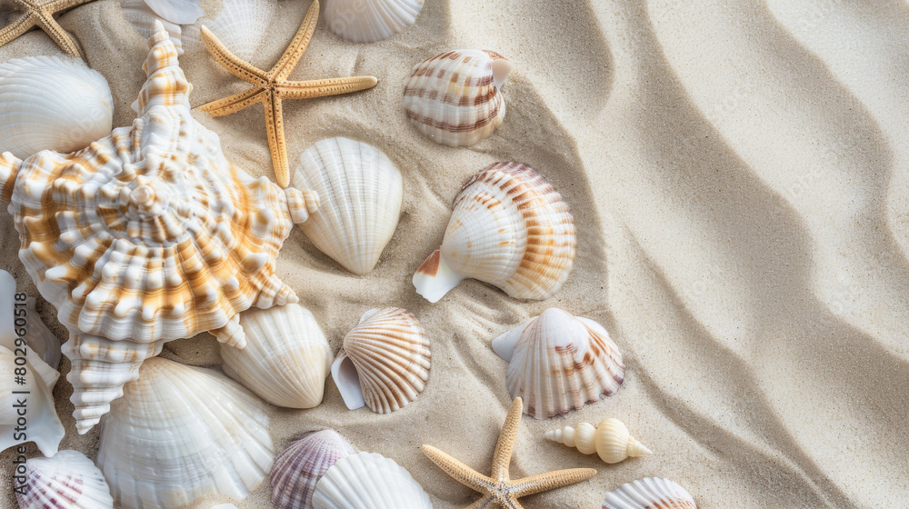 Poster assorted seashells and starfish close-up on a sandy beach, with room for text