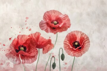 A painting of three red poppies on a white background. Suitable for floral decorations